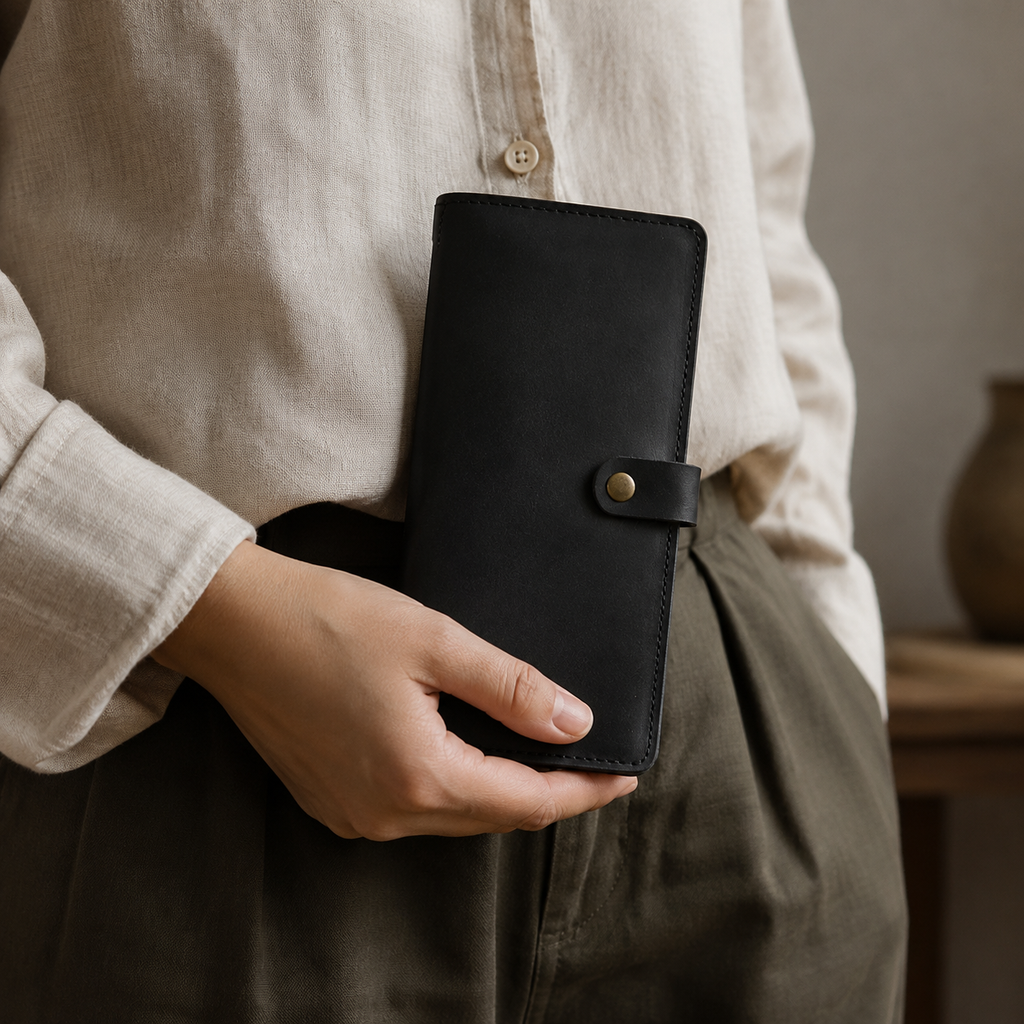 Longfold wallet in Black held for scale