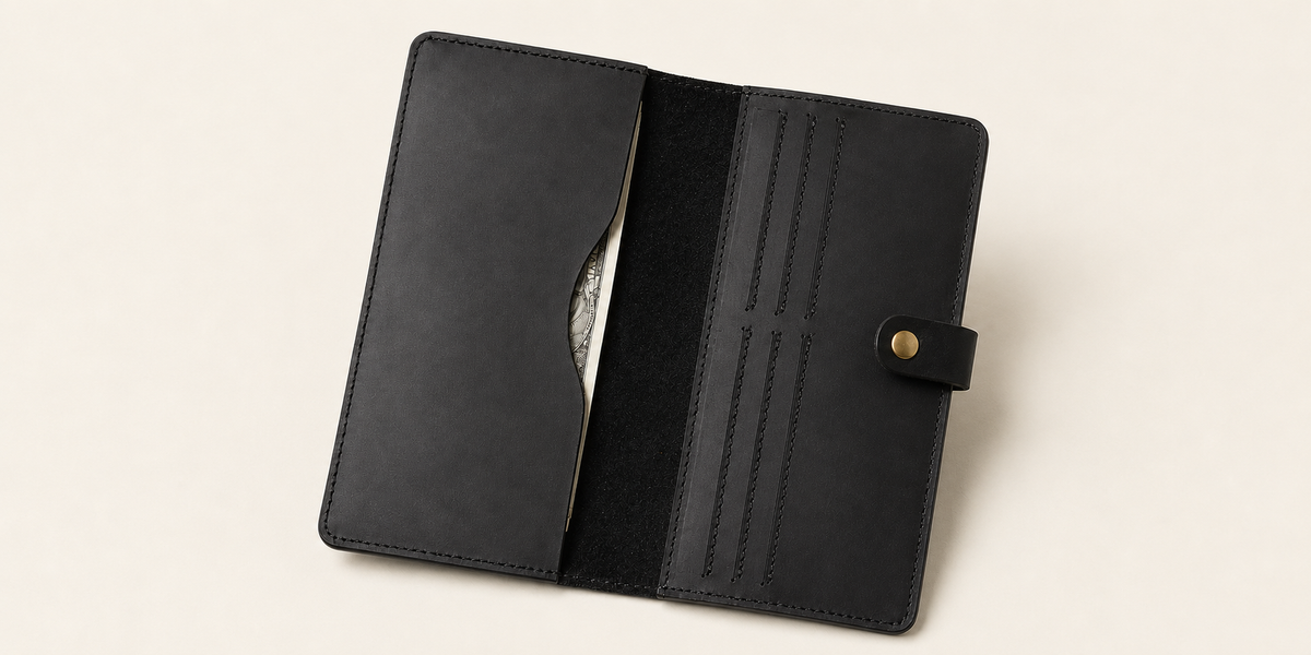 Longfold wallet in Black with six narrow card slots