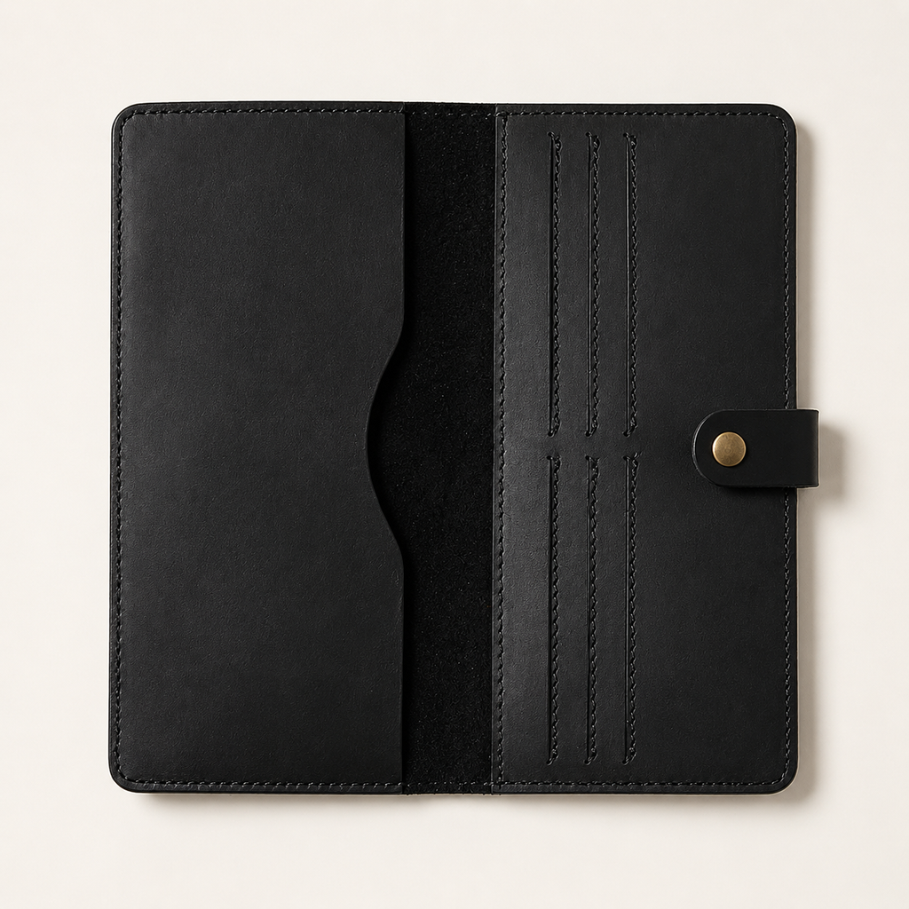 Longfold wallet in Black, open interior view
