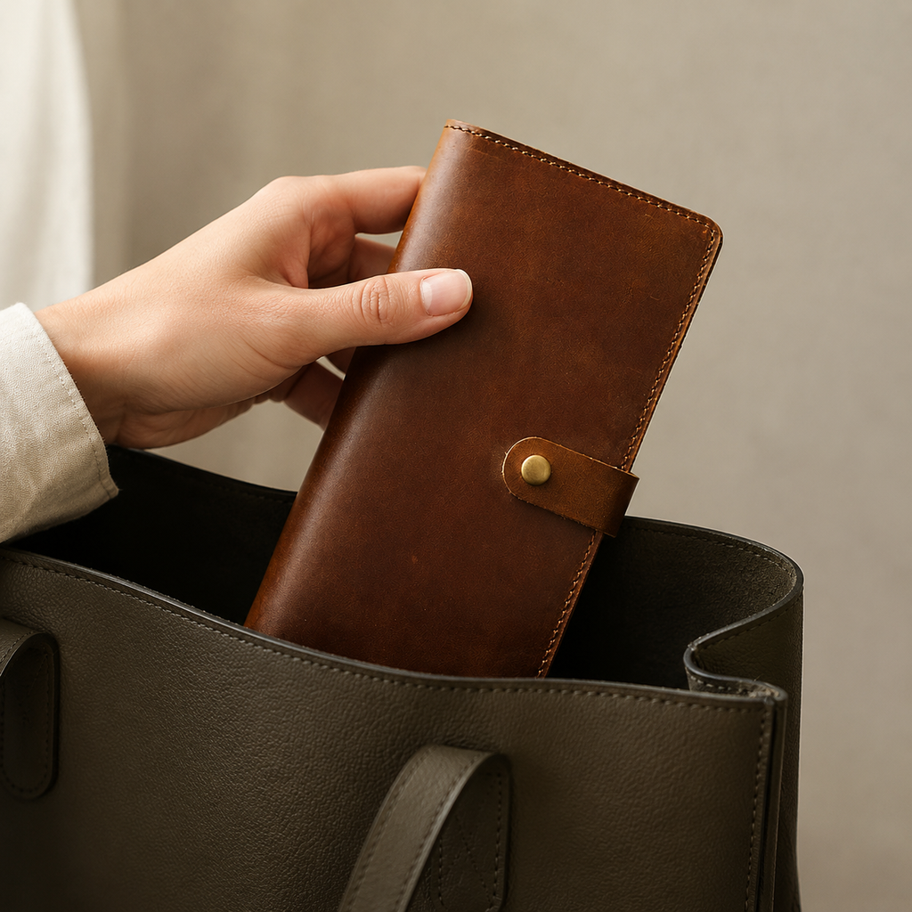 Longfold wallet in Brown being placed in a handbag