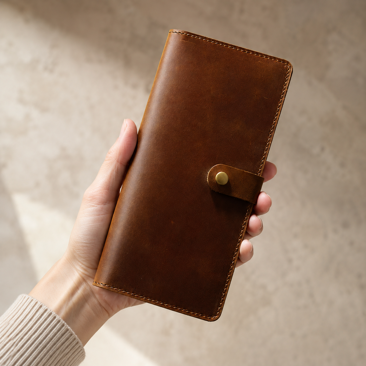 Longfold wallet in Brown held in hand for scale