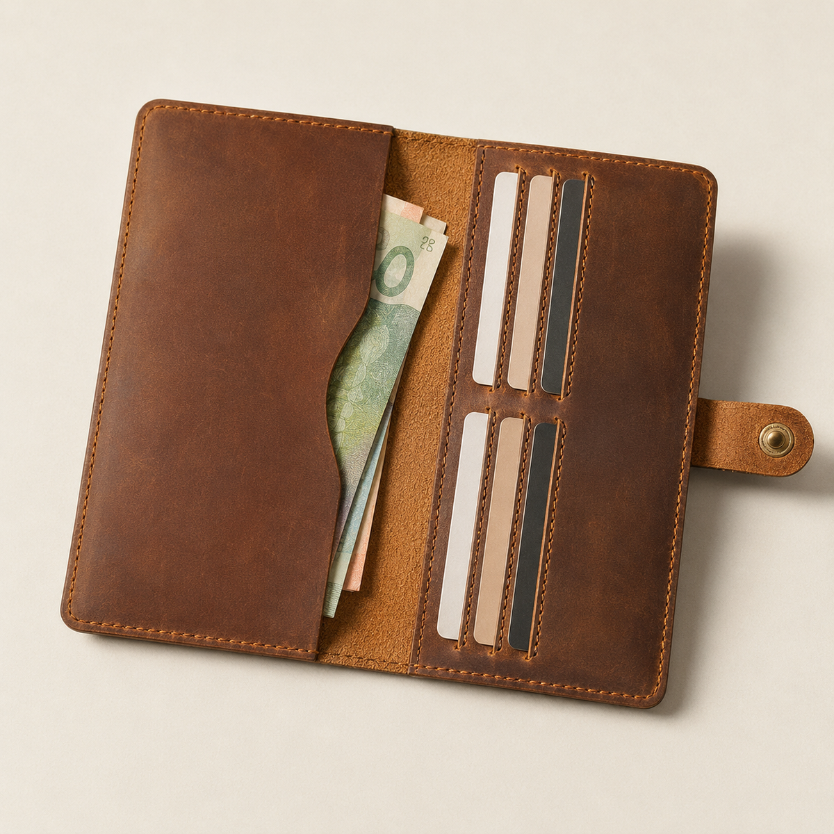 Longfold wallet in Brown with cards and Canadian cash