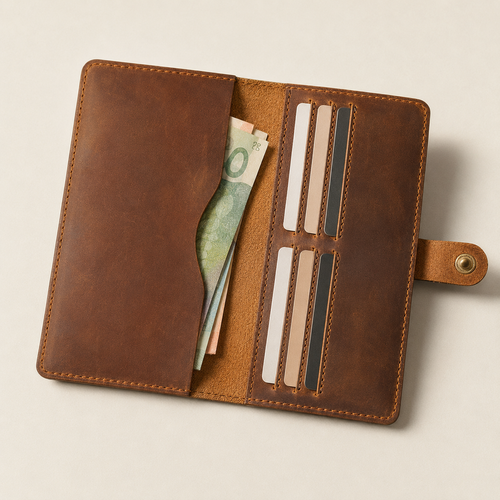 Longfold wallet in Brown with cards and Canadian cash