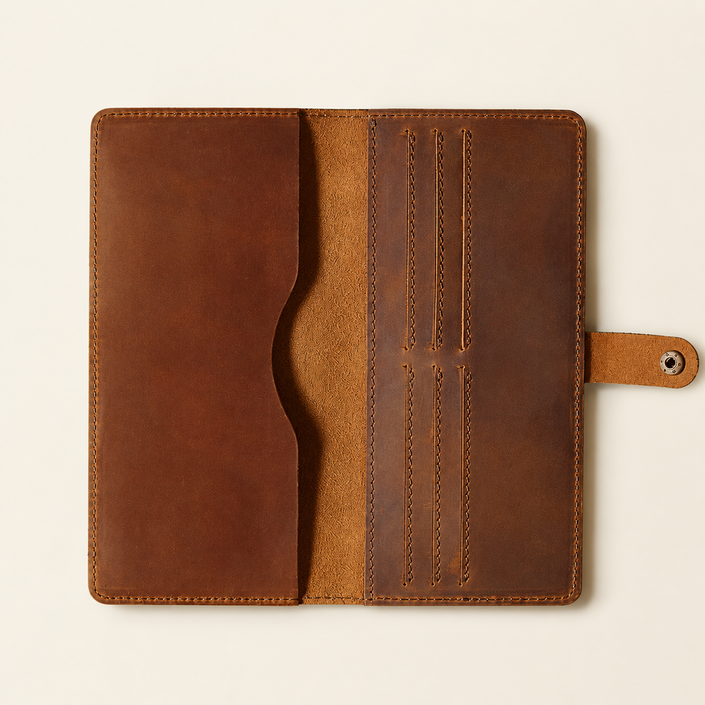 Longfold wallet in Brown, open interior view