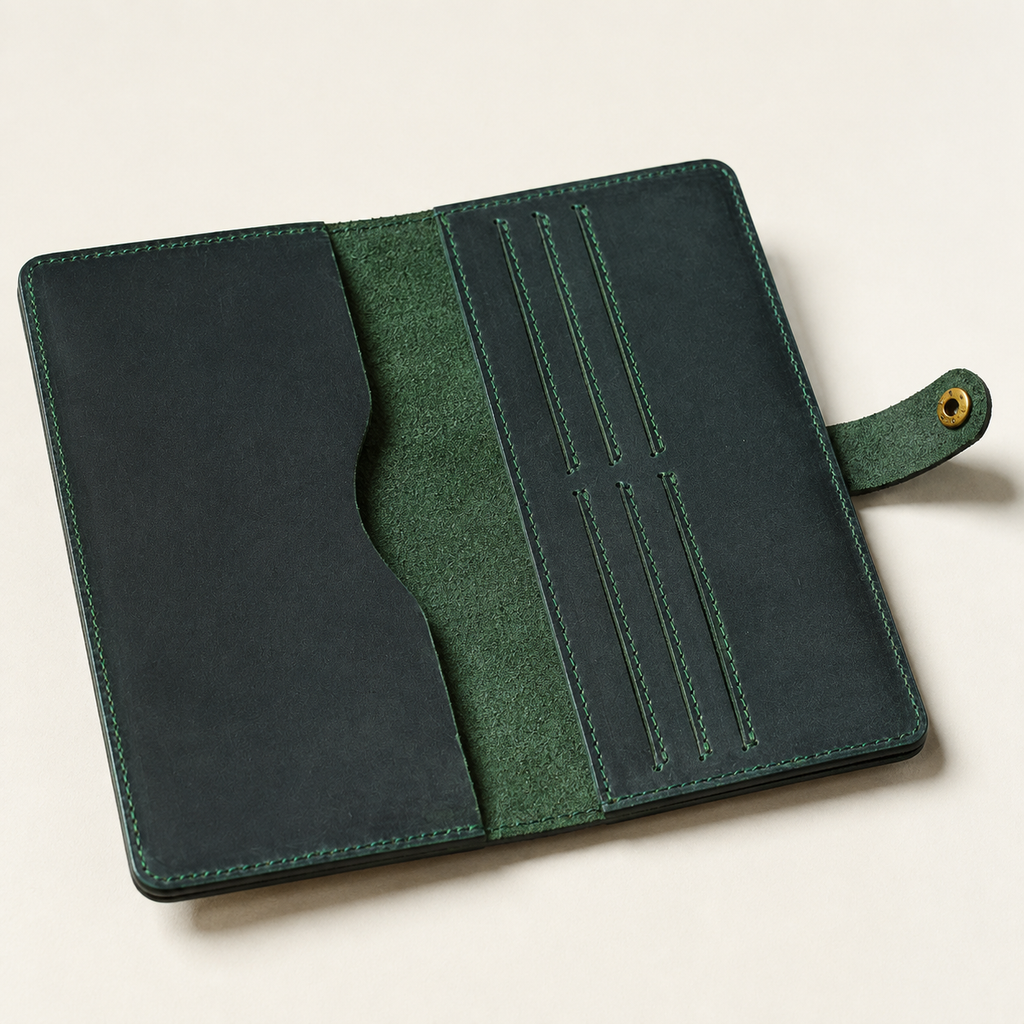 Longfold wallet in Green, open construction detail