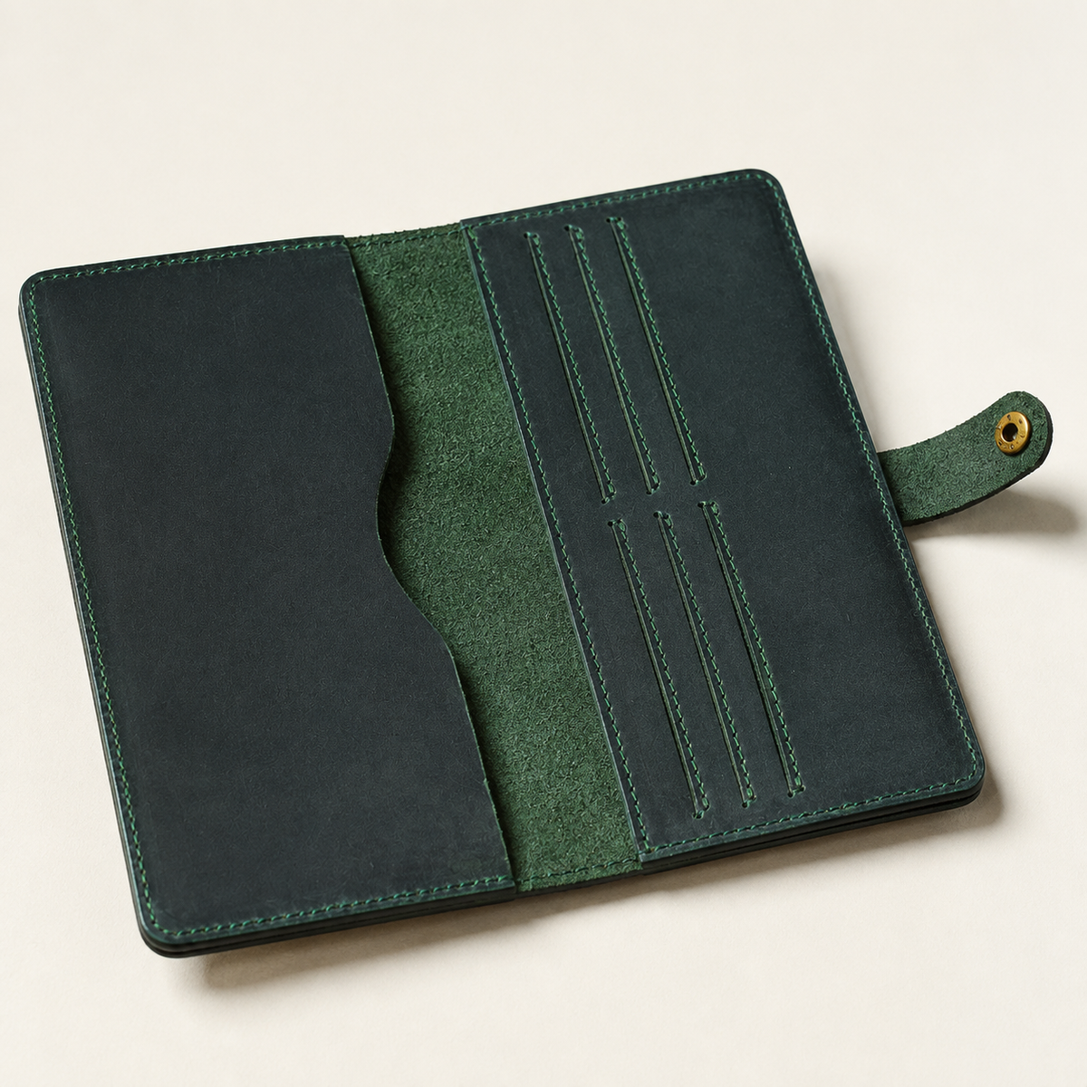 Longfold wallet in Green, open construction detail