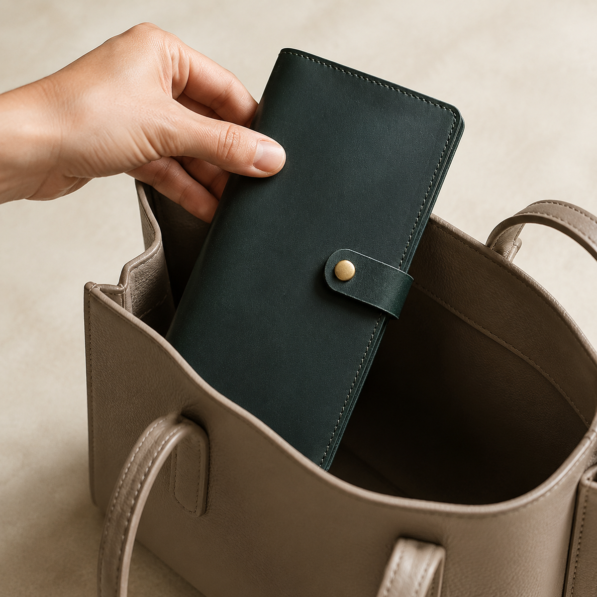 Longfold wallet in Green being placed in a handbag
