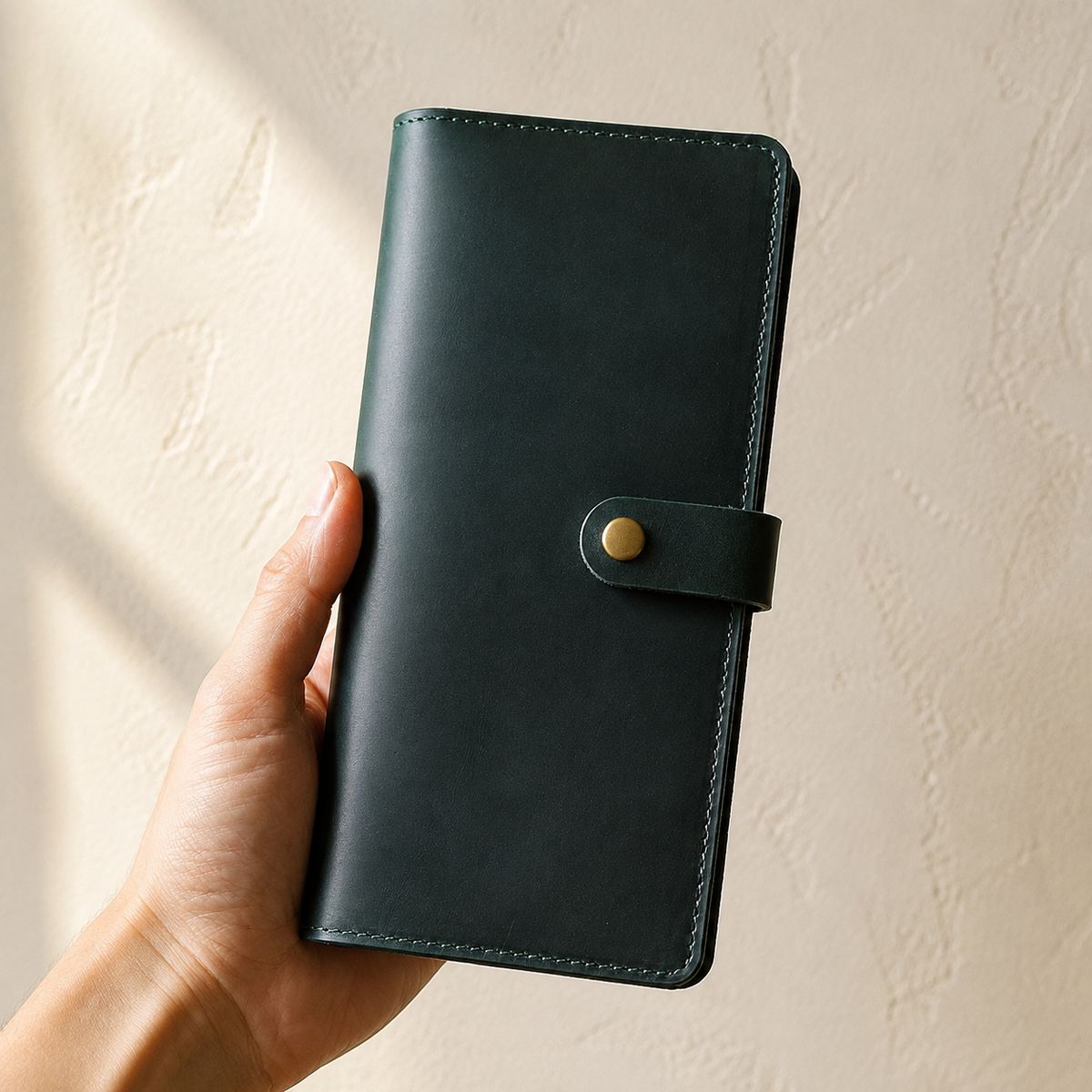 Longfold wallet in Green held in hand for scale