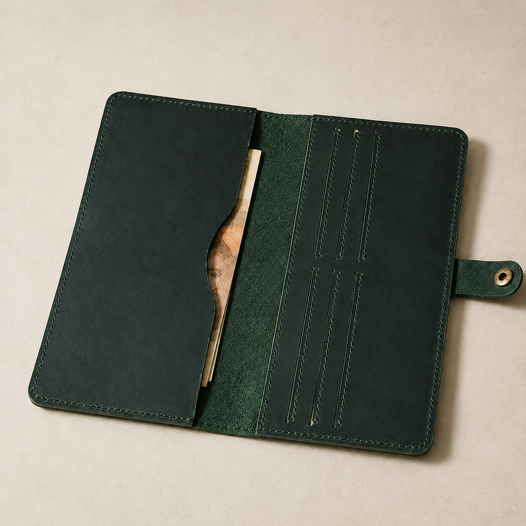 Longfold wallet in Green with six narrow card slots