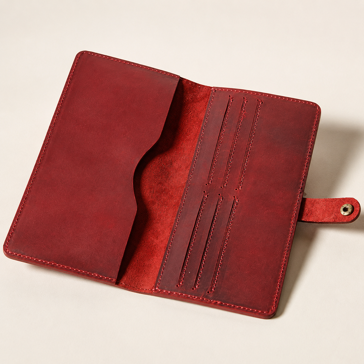 Longfold wallet in Red, open construction detail