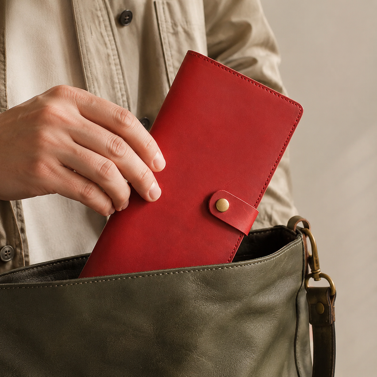 Longfold wallet in Red being placed in a handbag