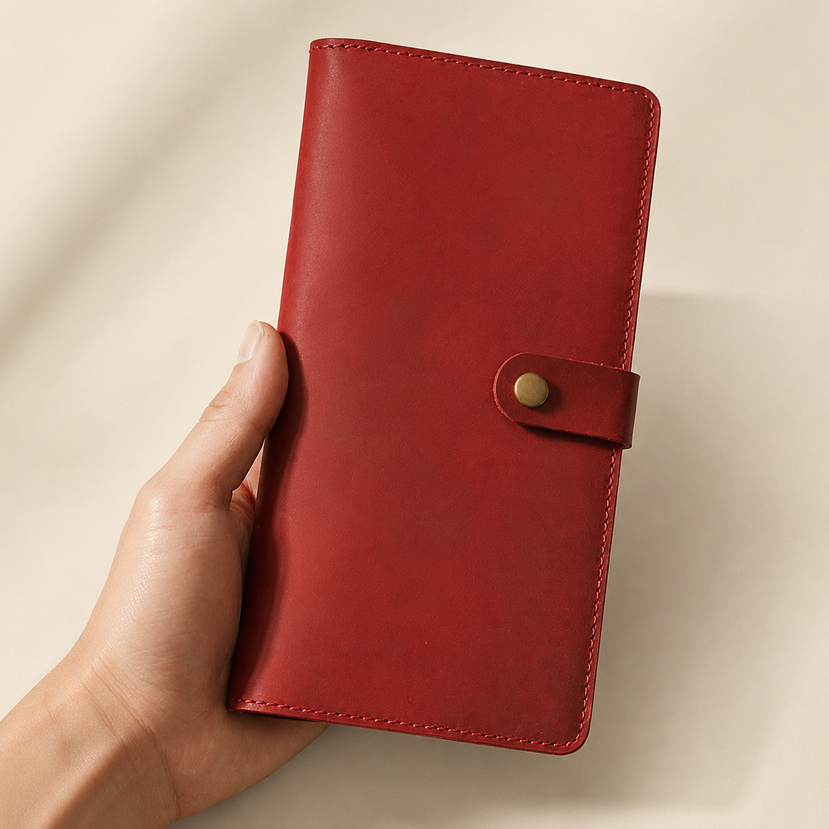 Longfold wallet in Red held in hand for scale