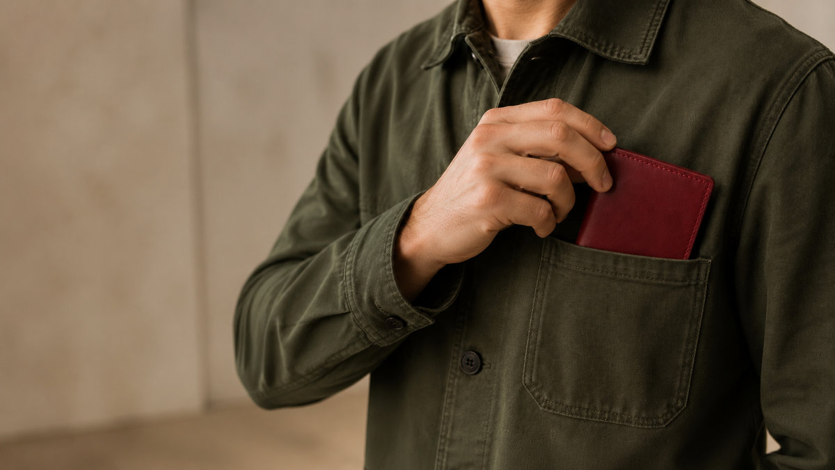 A person placing a burgundy Ravine leather wallet into an olive jacket pocket