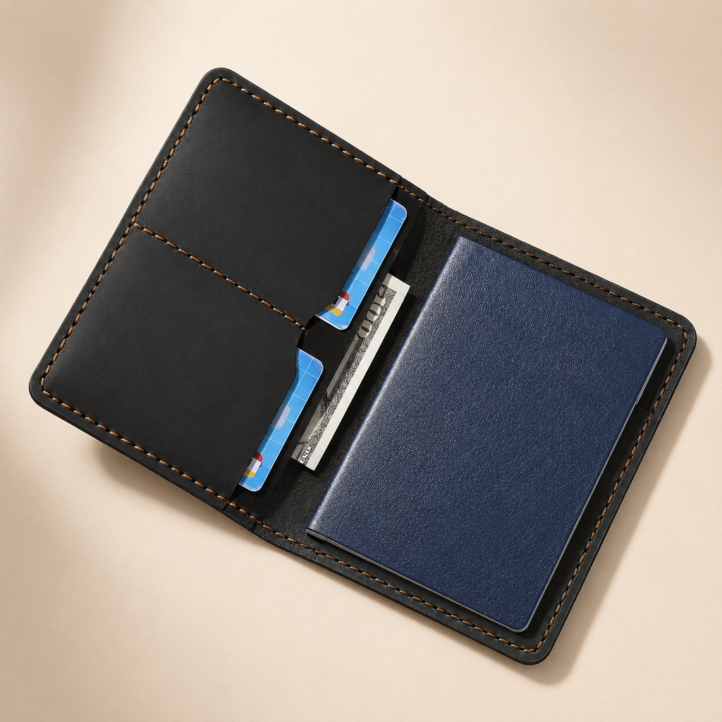 TravelFold Passport Wallet in Black, open interior view