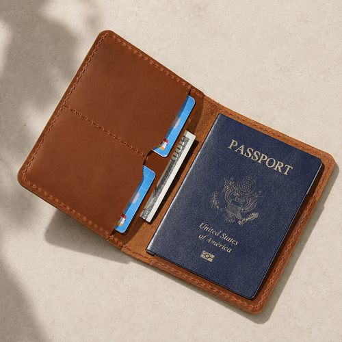 TravelFold Passport Wallet in Brown, open interior view