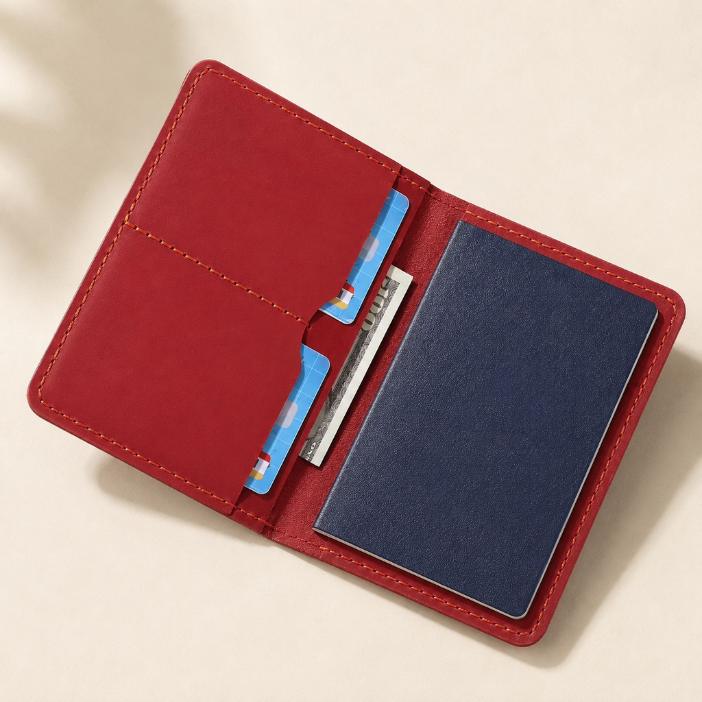 TravelFold Passport Wallet in Crimson Red, open interior view