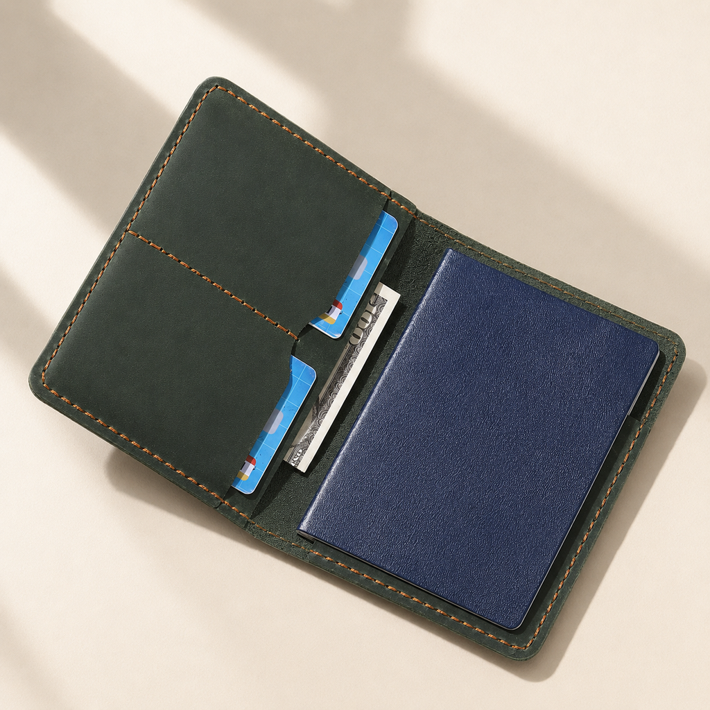 TravelFold Passport Wallet in Forest Green, open interior view